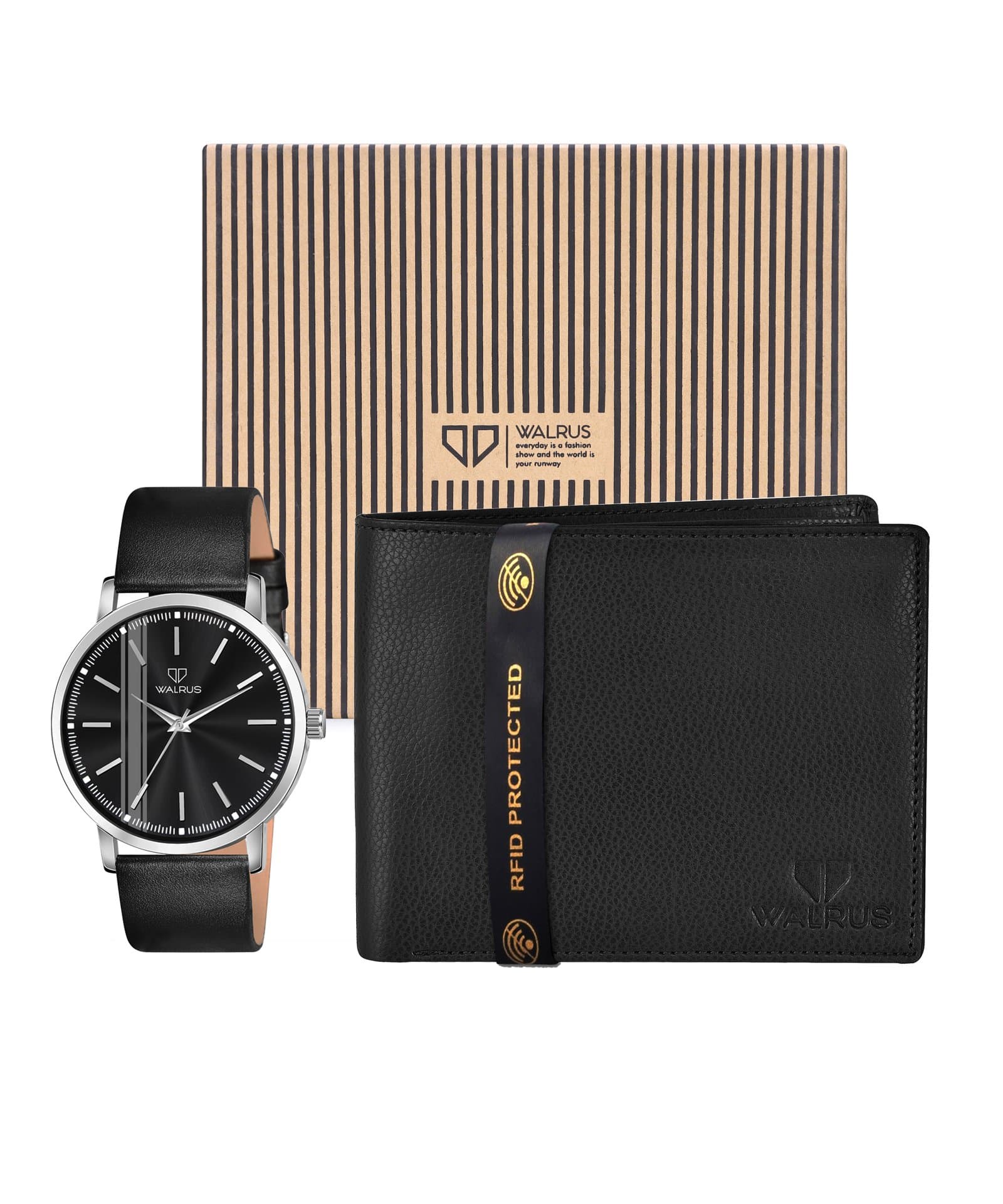 Walrus Combo Set Of Analogue Black dial Watch With Vegan Leather strap And Black Vegan Leather Wallet For Men