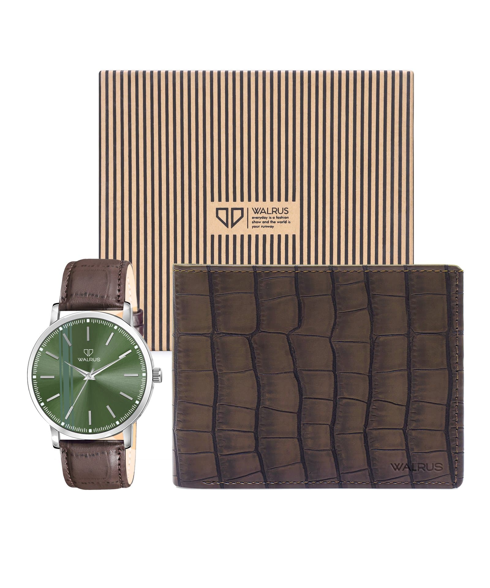 Walrus Combo Set Of Analogue Green dial Watch With Brown Vegan Leather strap And Brown Vegan Leather Wallet For Men