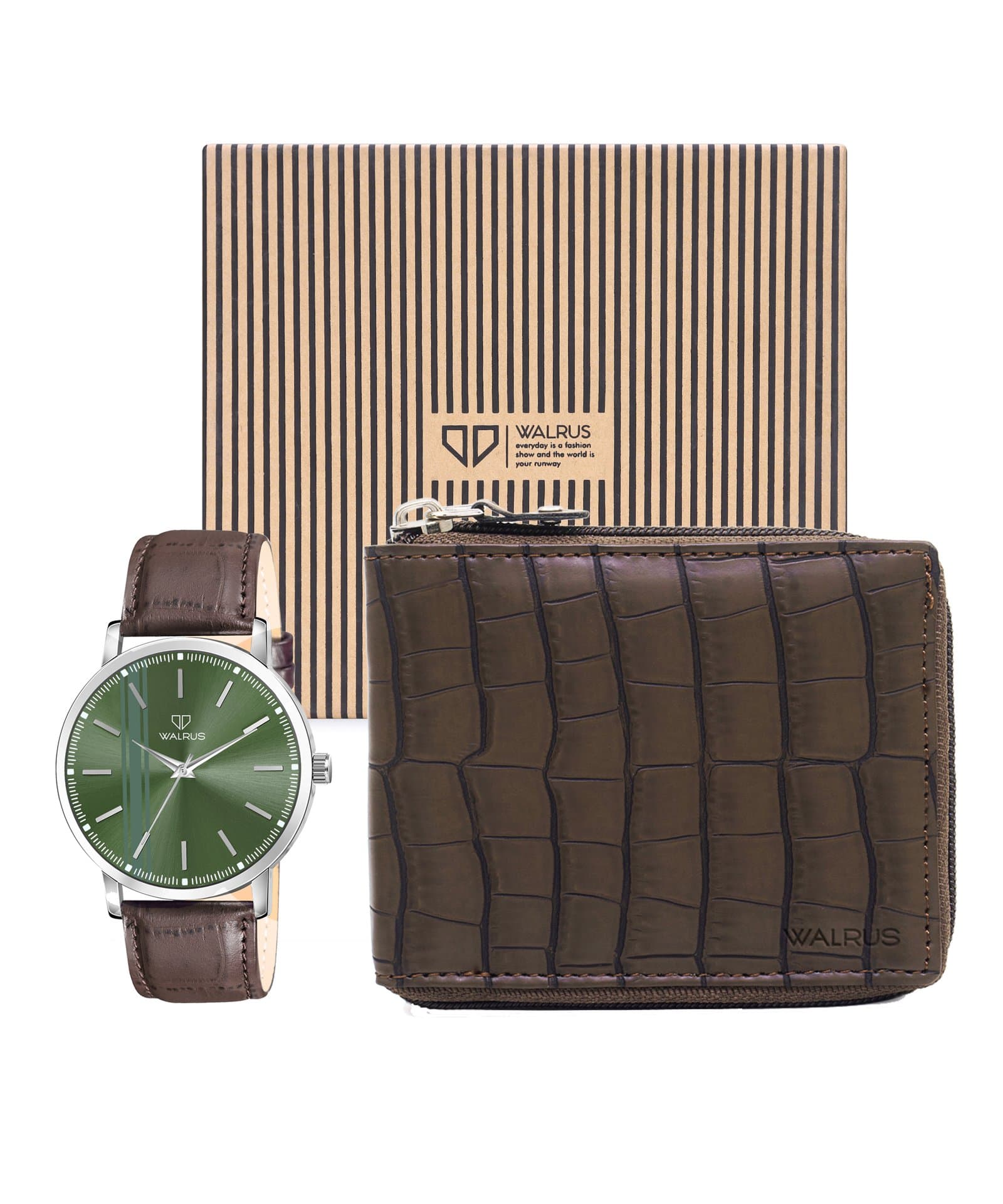 Walrus Combo Set Of Analogue Green dial Watch With Brown Vegan Leather strap And Brown Vegan Leather Wallet With Zip Closure For Men