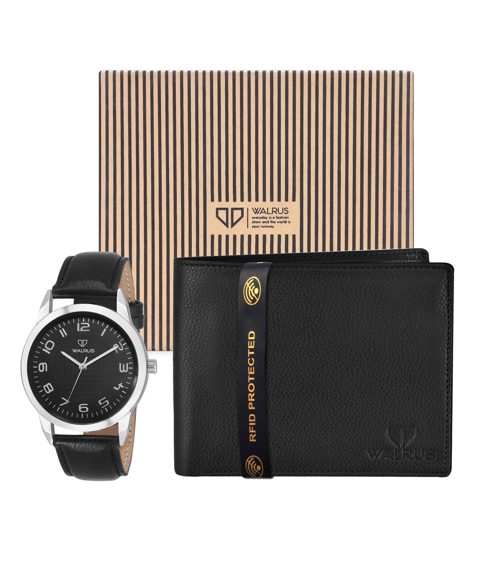 Walrus Combo Set Of Analogue Black dial Watch With Vegan Leather strap And Black Vegan Leather Wallet For Men
