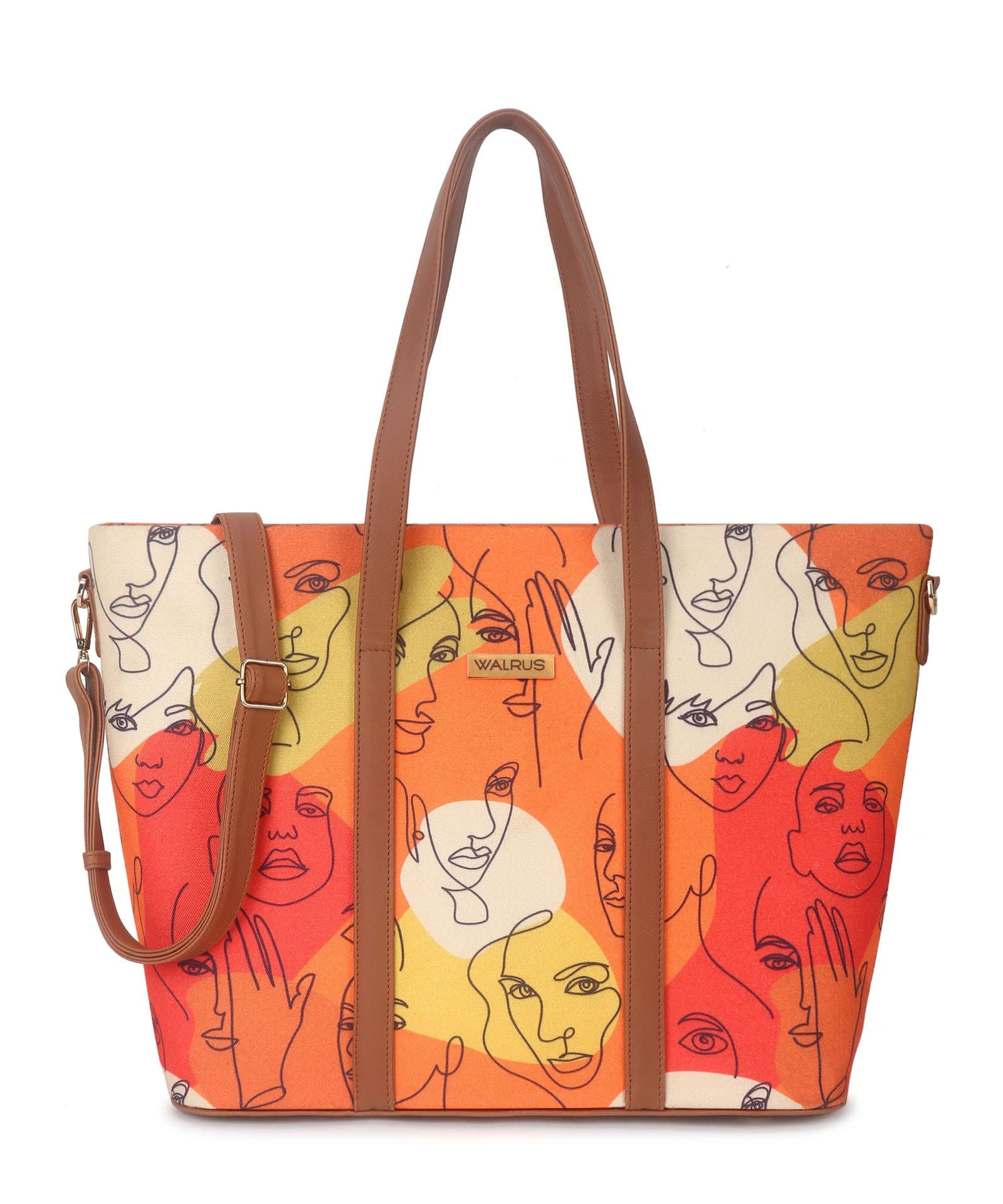 Walrus Art Series Multicolor Printed Bonded Canvas Fabric Women's Satchel Handbag with Detachable Strap | Multicolor Vegan Leather Handbag | Work & Travel Tote Bag | Orange & Blue Ikat