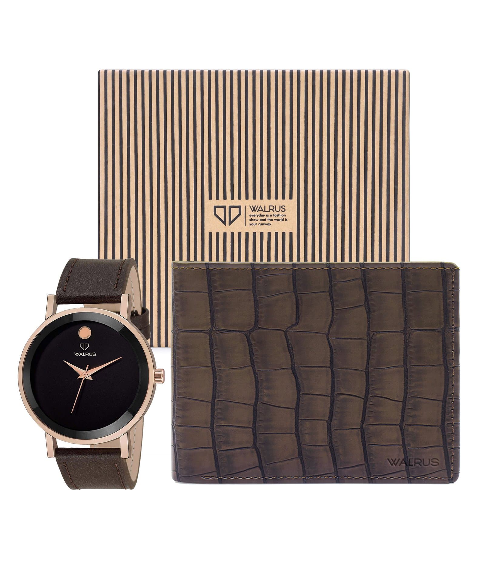 Walrus Combo Set Of Analogue Black dial Watch With Brown Vegan Leather strap And Brown Vegan Leather Wallet For Men