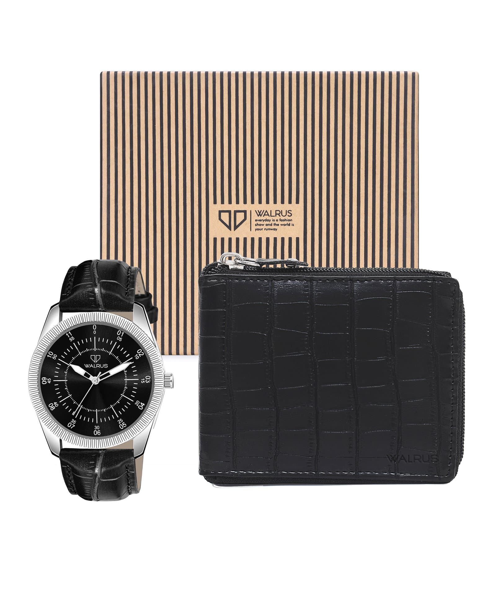 Walrus Combo Set Of Analogue Black dial Watch With Vegan Leather strap And Black Vegan Leather Wallet For Men