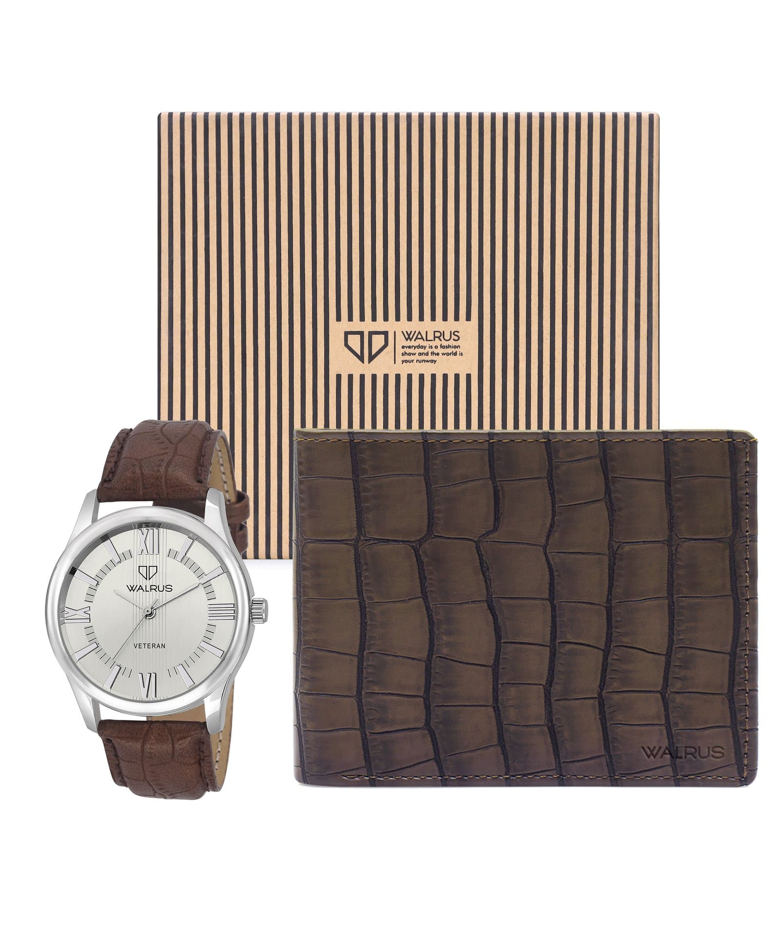 Walrus Combo Set Of Analogue White dial Watch With Brown Vegan Leather strap And Brown Vegan Leather Wallet For Men