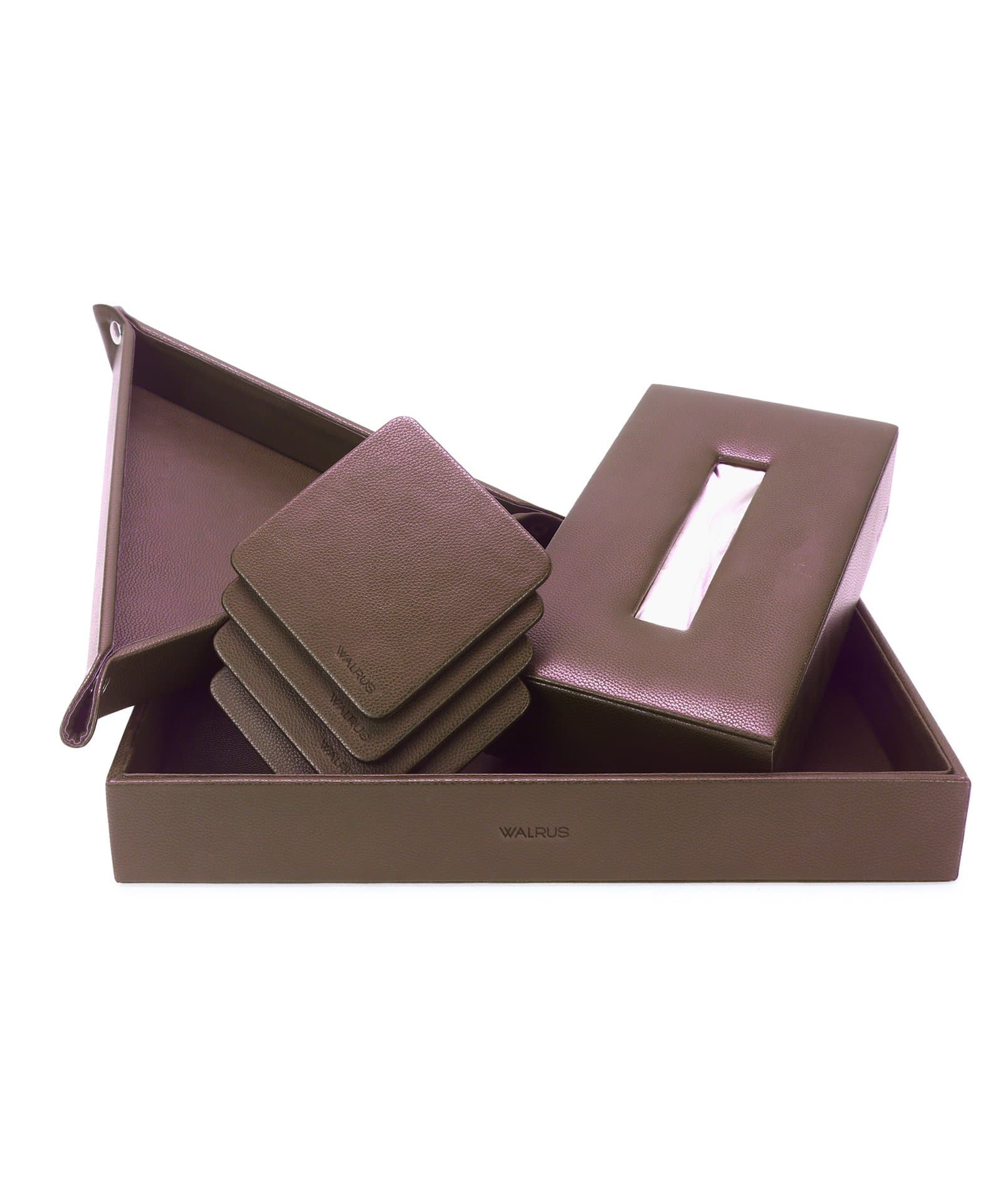 Walrus Premium Combo – Faux Leather Tray Organizer, Wooden Tissue Box & Coaster Set | Desk Organizer for Office/Home | Multipurpose Storage & Dining Table Accessories (Set of 4)