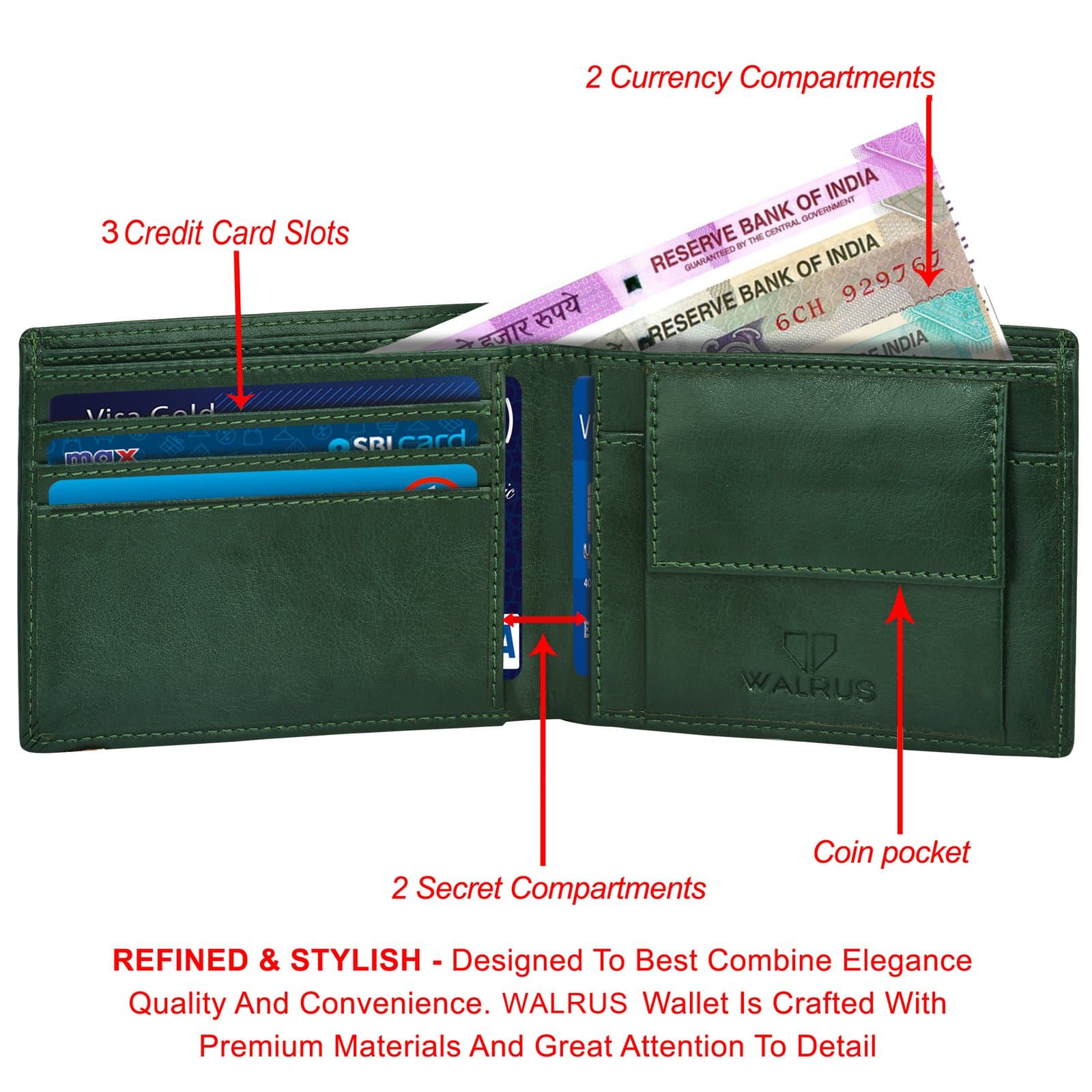 Walrus Green Color Nature Friendly Vegan Leather Bi Fold Bi Fold Men Wallet