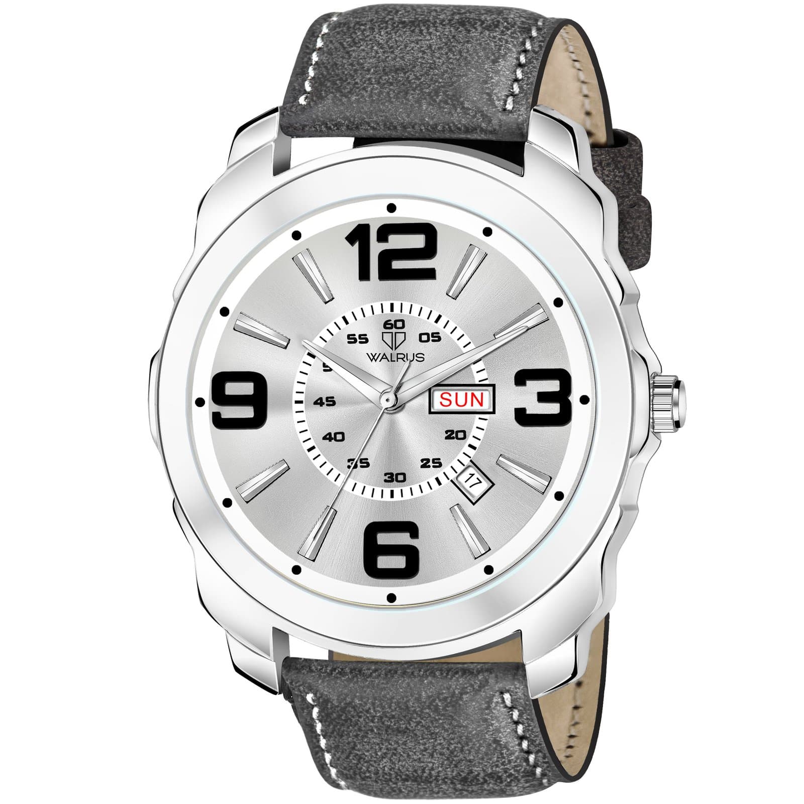 Walrus Grey Dial Analog Day Date Function Leather Strap Wrist Watch For Men