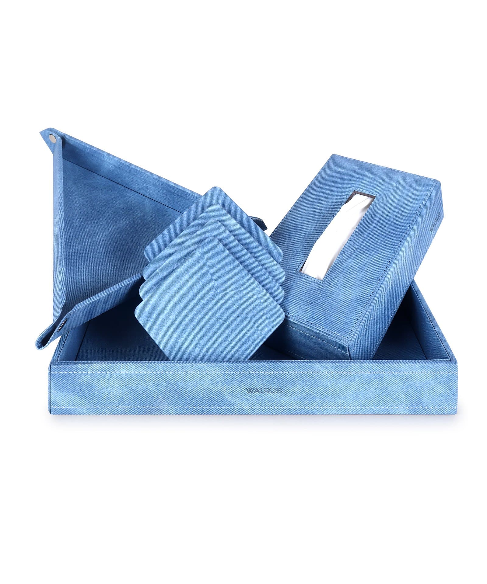 Walrus Premium Denim Fabric Combo – Tray Organizer, Wooden Tissue Box & Coaster Set | Multipurpose Desk Organizer & Table Accessories for Home, Office, Car | Set of 4