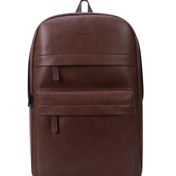 Walrus Veteran II Series Brown Vegan Leather Backpack with Top Handle Professional and Casual Use and Suitable for 15-Inch Laptop, Unisex