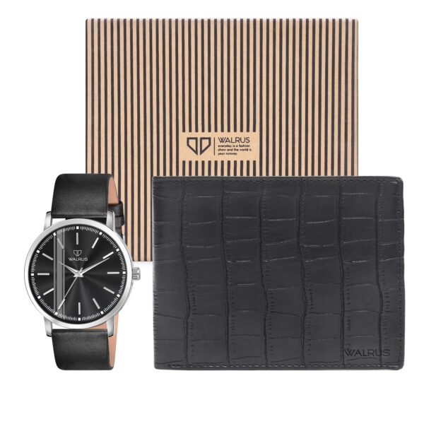 Walrus Combo Set Of Analogue Black dial Watch With Vegan Leather strap And Black Vegan Leather Wallet For Men