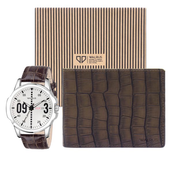 Walrus Combo Set Of Analogue White dial,Day & Date Feature Watch With Brown Vegan Leather strap And Brown Vegan Leather Wallet For Men