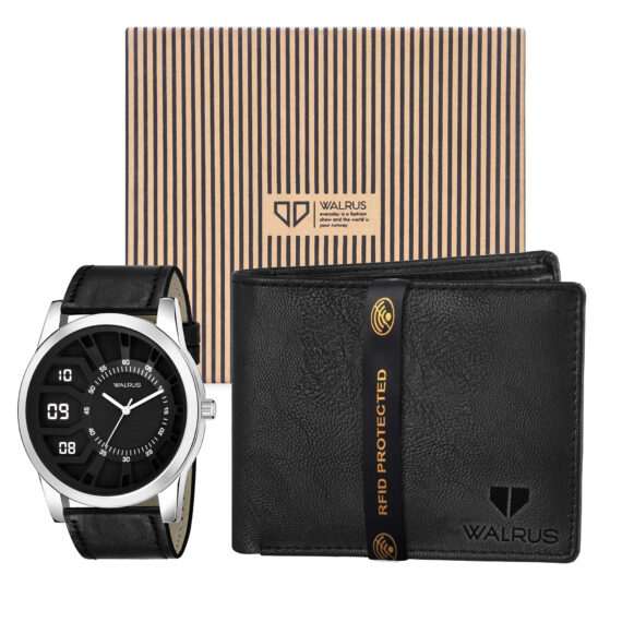 Walrus Combo Set Of Analogue Black dial Watch With Vegan Leather strap And Black Vegan Leather Wallet For Men