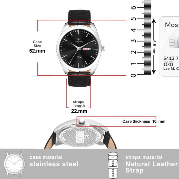 Walrus Men’s Analog Watch - Black Dial 38.5mm, Black Vegan Leather Strap 22mm, Stylish & Modern Style | Old Money Style Watch | Perfect for Formal and Casual Wear- Perfect for Gift