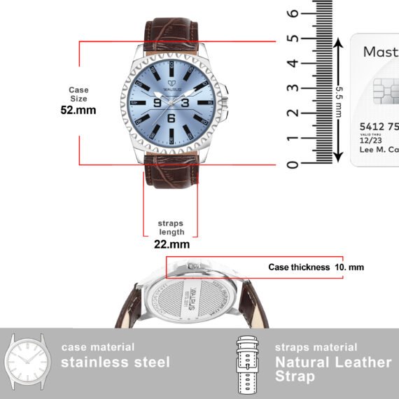 Walrus Men’s Analog Watch - Blue Dial 38.5mm, Brown Vegan Leather Strap 22mm, Stylish & Modern Style | Old Money Style Watch | Perfect for Formal and Casual Wear- Perfect for Gift