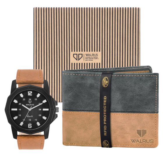 Walrus Combo Set Of Analogue Black dial Watch With Tan Vegan Leather strap And Black & Tan Vegan Leather Wallet ForMen