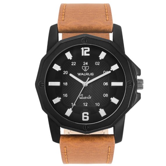 Walrus Combo Set Of Analogue Black dial Watch With Tan Vegan Leather strap And Black & Tan Vegan Leather Wallet ForMen