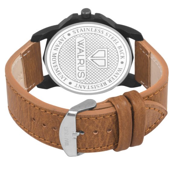 Walrus Combo Set Of Analogue Black dial Watch With Tan Vegan Leather strap And Black & Tan Vegan Leather Wallet ForMen