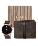 Walrus Combo Set Of Analogue Black dial Watch With Brown Vegan Leather strap And Brown Vegan Leather Wallet For Men