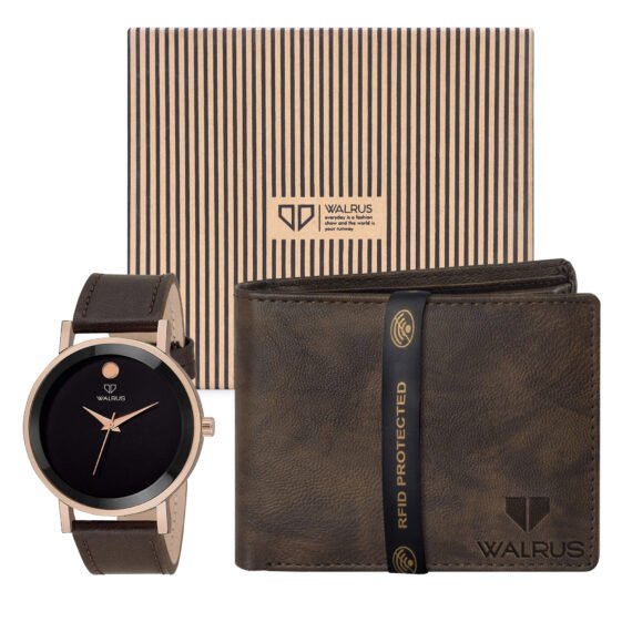 Walrus Combo Set Of Analogue Black dial Watch With Brown Vegan Leather strap And Brown Vegan Leather Wallet For Men