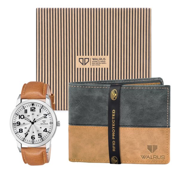 Walrus Combo Set Of Analogue Silver dial Watch With Tan Vegan Leather strap And Black & Tan Vegan Leather Wallet For Men