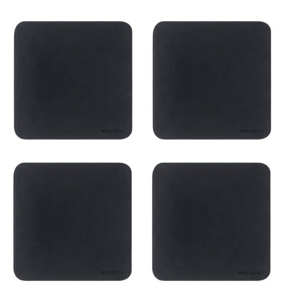 Walrus Black Faux Leather & Wooden Base Designer Tea Coaster Set of 4| 10x10 cm | for Tea/Coffee Cups, Mugs, Beer Cans, Bar Glasses | Office & Dining Table Decor | Premium Drink Coasters |Heat Resistant