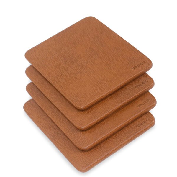 Walrus Tan Faux Leather & Wooden Base Designer Tea Coaster Set of 4| 10x10 cm | for Tea/Coffee Cups, Mugs, Beer Cans, Bar Glasses | Office & Dining Table Decor | Premium Drink Coasters |Heat Resistant