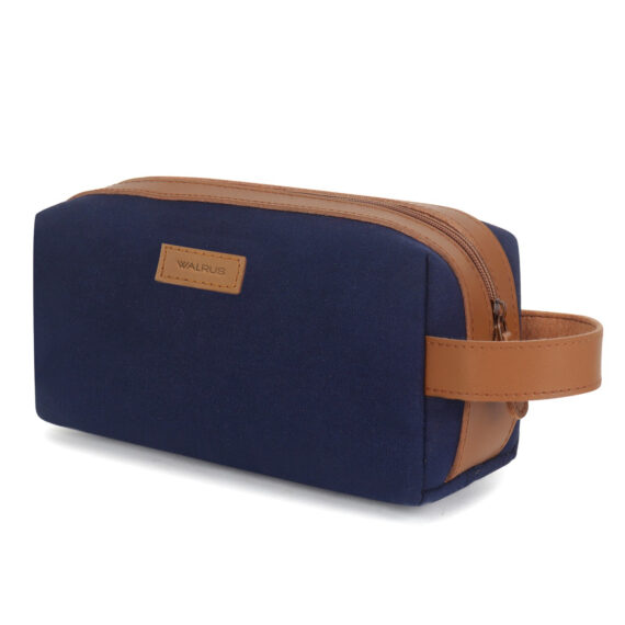 Walrus Canvas Fabric Toiletry Bag Unisex, Travel Pouch for Toiletries Shaving Kit & Cosmetics, Water Resistance for Travel Accessories, Organizer Travel Pouch for MakeUp, Blue & Brown