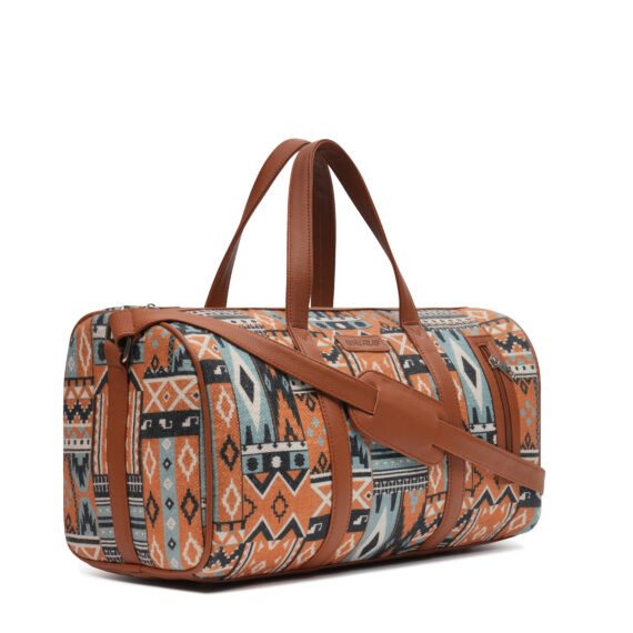 Walurs Art Series Travel Duffle Bag with Rust Orange Tribal Print, Tan Vegan Leather Strap, Adjustable Handles, Multipurpose Use, Fabric Body, 1 Main Compartment