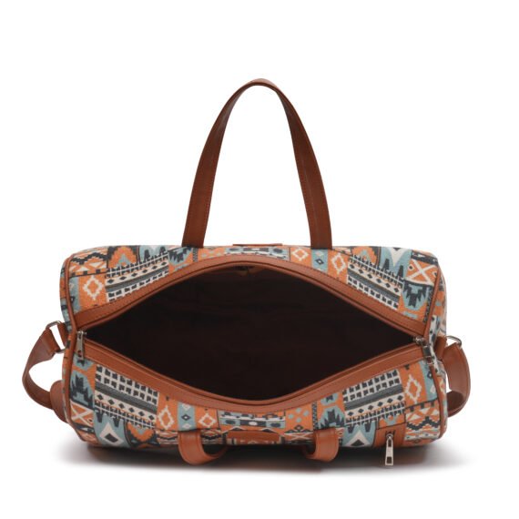 Walurs Art Series Travel Duffle Bag with Rust Orange Tribal Print, Tan Vegan Leather Strap, Adjustable Handles, Multipurpose Use, Fabric Body, 1 Main Compartment