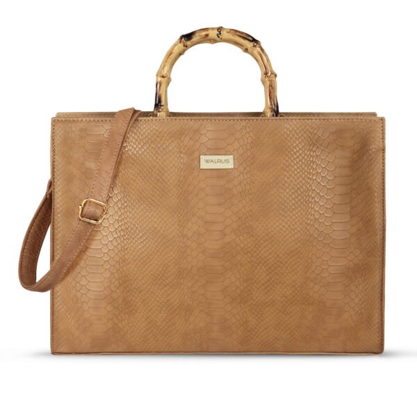 Walurs Croco II Series Handbag for Women | Faux Leather Textured Tote with Bamboo Handle | Zipper Closure, Multiple Pockets, Detachable Strap | Office & Daily Use | Camel Brown