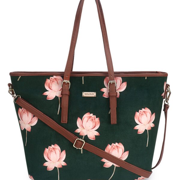 Walurs Vento Series Green Handbag for Women | Floral Printed Tote | Zip Closure + Detachable Strap