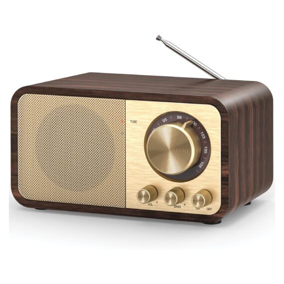 Walrus Trans Series Wooden Retro Portable Bluetooth Speaker with FM Radio, Bass & Volume Control, USB/TF/AUX Support, Rechargeable Battery, 5W Output, Compact Tabletop Size – Brown Golden
