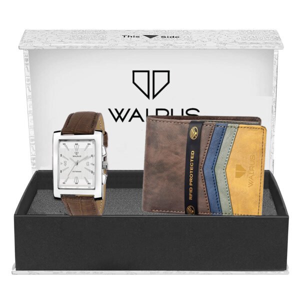Walrus Men Combo Pack Of White Watch & Rfid Protected Brown Wallet