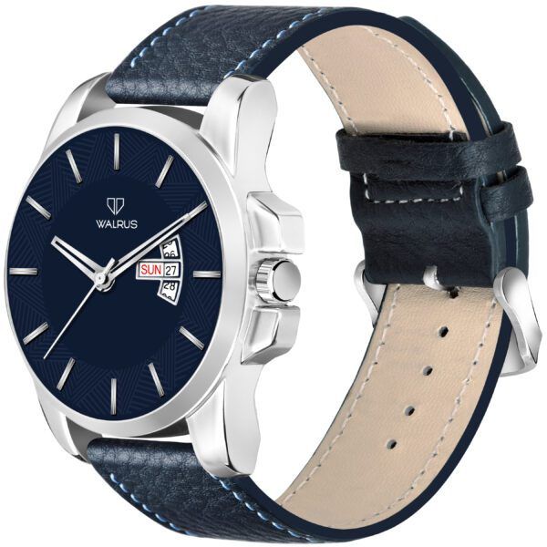 Walrus Blue Dial Analog Day Date Function Leather Strap Wrist Watch For Men