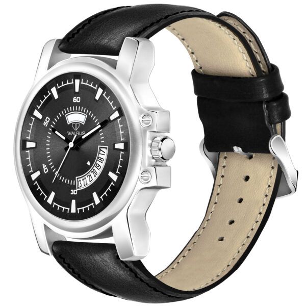 Walrus Black Dial Analog Day Date Function Leather Strap Wrist Watch For Men