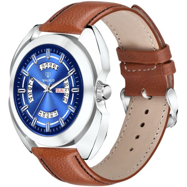 Walrus Blue Dial Analog Day Date Function Leather Strap Wrist Watch For Men