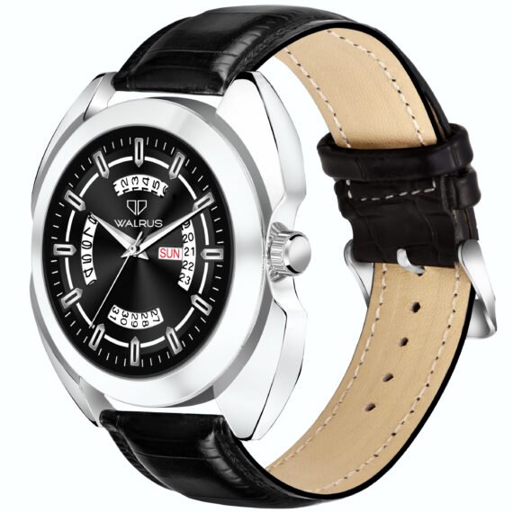 Walrus Black Dial Analog Day Date Function Leather Strap Wrist Watch For Men