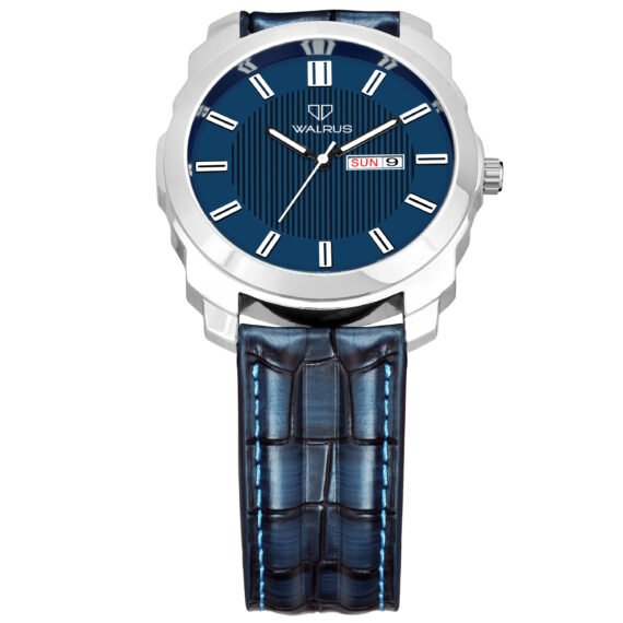 Walrus Blue Dial Analog Day Date Function Leather Strap Wrist Watch For Men