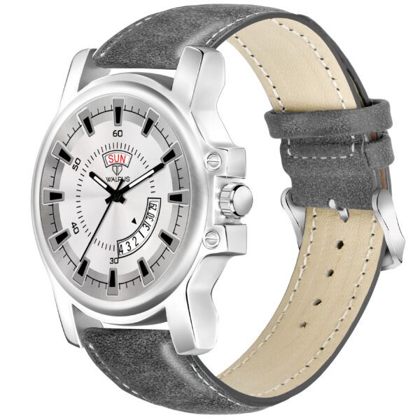 Walrus Grey Dial Analog Day Date Function Leather Strap Wrist Watch For Men