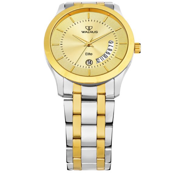 Walrus Gold Dial Analog Day Date Function Metal Chain Wrist Watch For Men With PUSH Button Lock