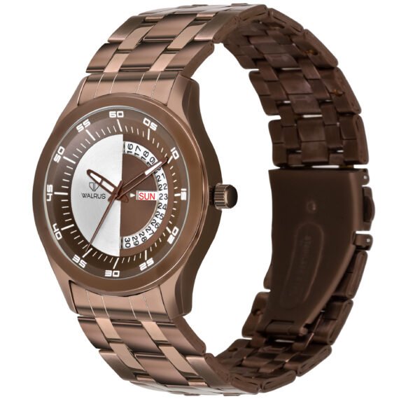 Walrus Brown Dial Analog Brass Chain Wrist Watch For Men With PUSH Button Lock