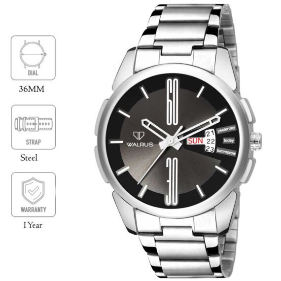 Walrus Black Dial Analog Day Date Function Metal Chain Wrist Watch For Men With PUSH Button Lock