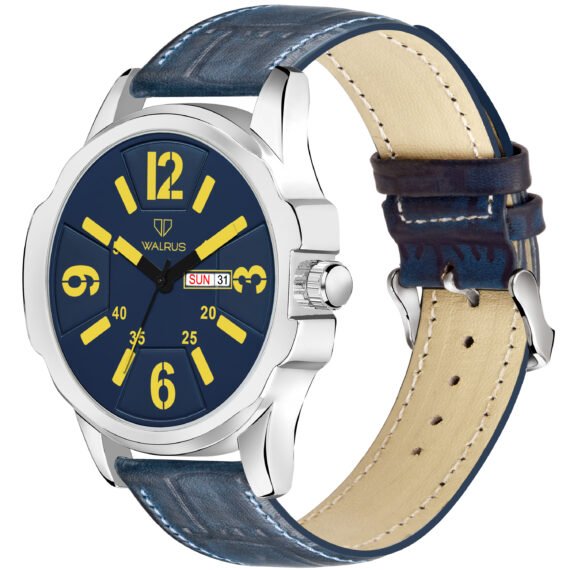 Walrus Blue Dial Analog Day Date Function Leather Strap Wrist Watch For Men