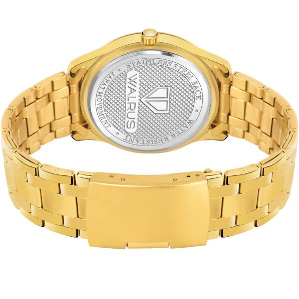 Walrus Gold Dial Analog Day Date Function Metal Chain Wrist Watch For Men With PUSH Button Lock