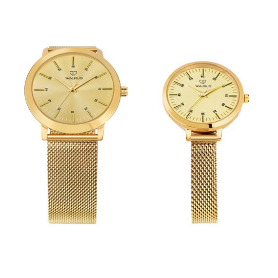 Walrus Gold Dial Analog Brass Chain Wrist Watch For Couple With PUSH Button Lock