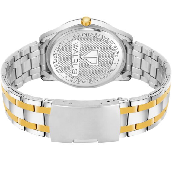 Walrus Gold Dial Analog Day Date Function Metal Chain Wrist Watch For Men With PUSH Button Lock