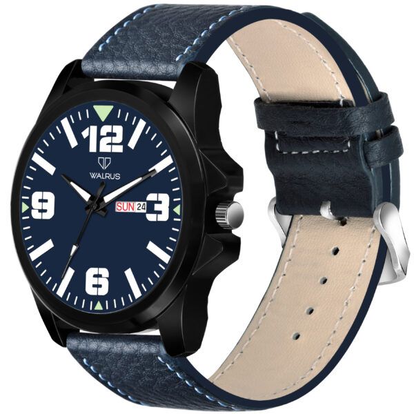 Walrus Blue Dial Analog Day Date Function Leather Strap Wrist Watch For Men