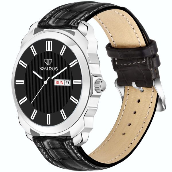 Walrus Black Dial Analog Day Date Function Leather Strap Wrist Watch For Men