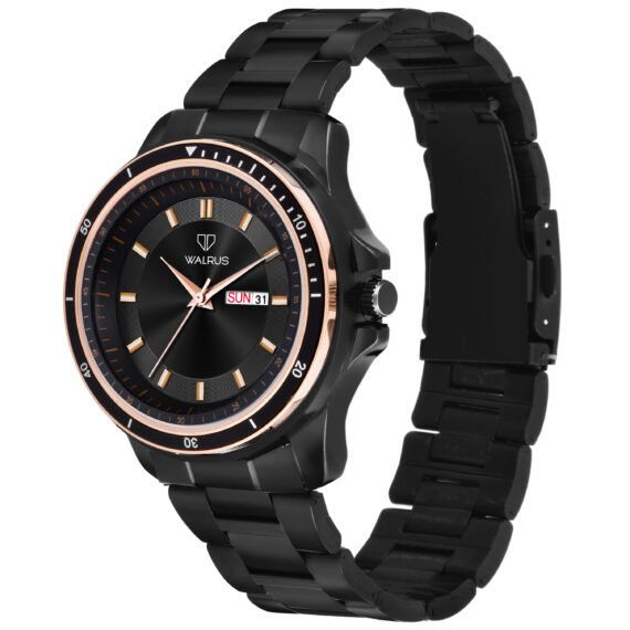 Walrus Black Dial Analog Day Date Function Metal Chain Wrist Watch For Men With PUSH Button Lock