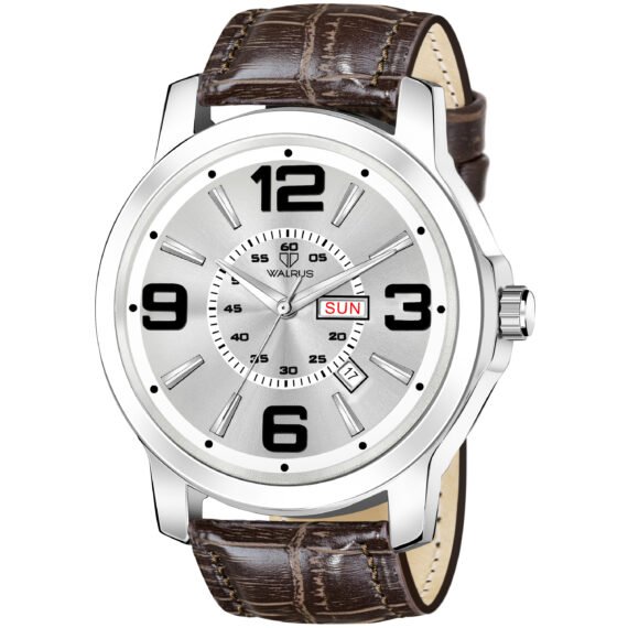 Walrus Silver Dial Analog Day Date Function Leather Strap Wrist Watch For Men